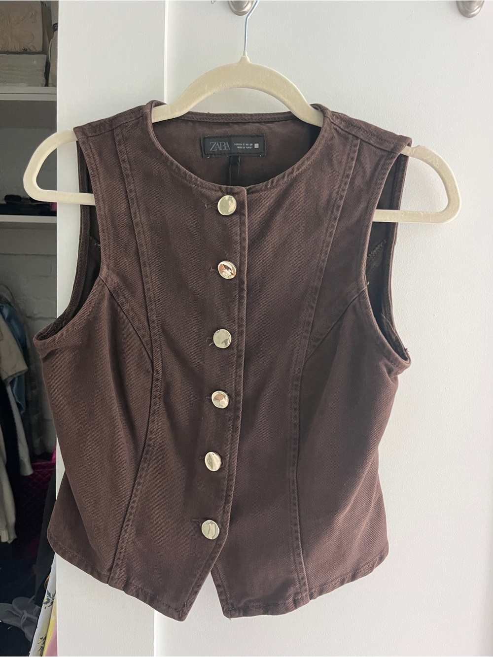 Zara Brown Sleeveless Button-Front Fitted Vest/Top - Picture 2 of 6